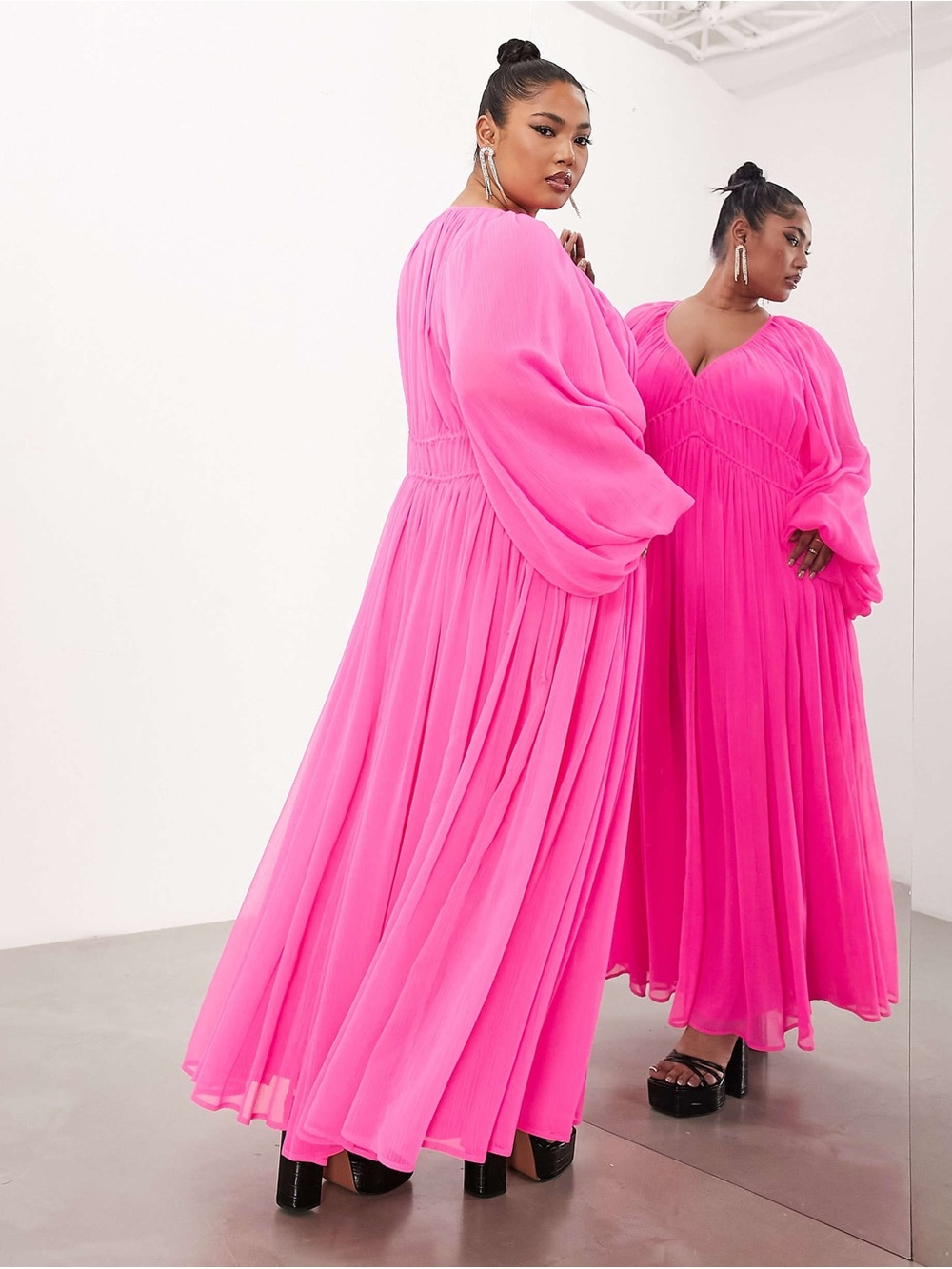 ASOS EDITION Curve ruched gathered waist chiffon maxi dress hot pink size 20